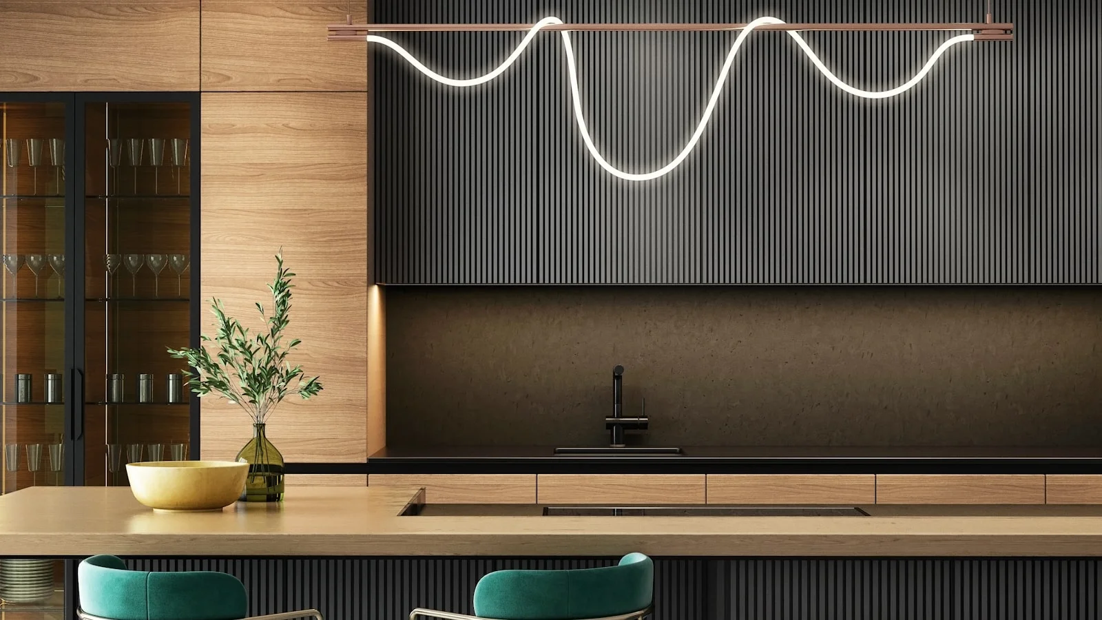 Two-tone kitchen with walnut cabinets, a black slatted island, brass fixtures and a sculptural pendant light