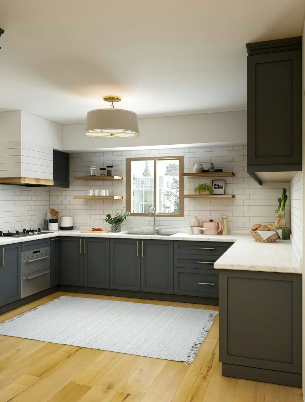 Charcoal green shaker kitchen with brass pulls, white subway tile, open oak shelving and warm wood flooring